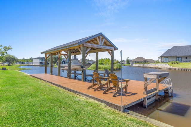 view of dock featuring a lawn and a water view