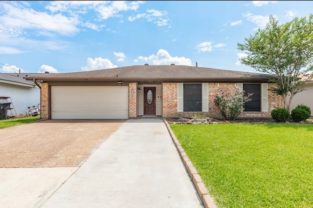 ranch-style house featuring a front lawn and a garage