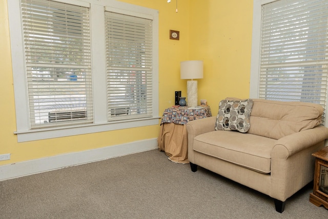 sitting room featuring carpet and baseboards
