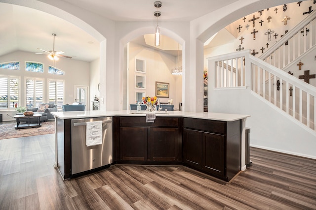 kitchen with hardwood / wood-style floors, dishwasher, and decorative light fixtures