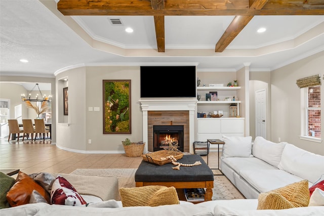 tiled living room with ornamental molding, a tiled fireplace, beamed ceiling, and coffered ceiling