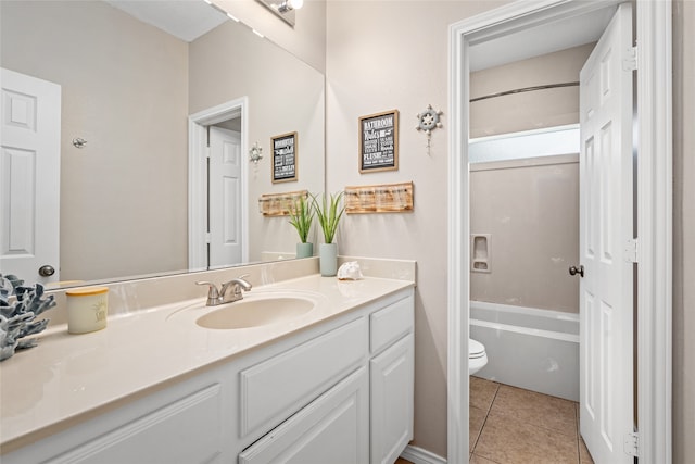 full bathroom with shower / bathing tub combination, tile patterned floors, vanity, and toilet