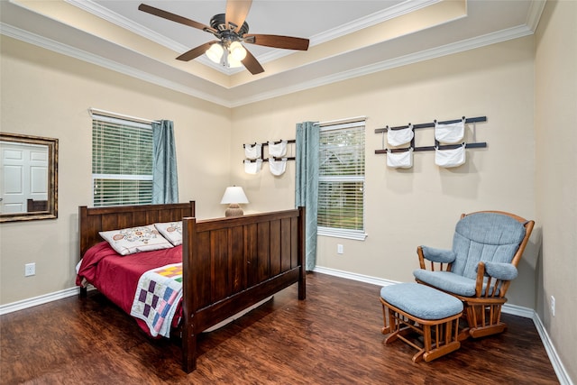 bedroom featuring ornamental molding, ceiling fan, and dark hardwood / wood-style floors