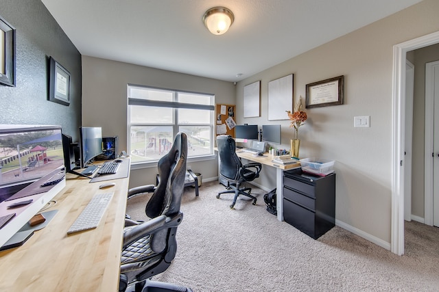 office area featuring light carpet