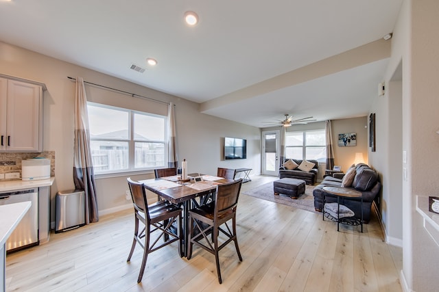 dining room with ceiling fan and light wood-type flooring