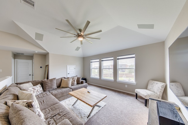 carpeted living room with lofted ceiling and ceiling fan