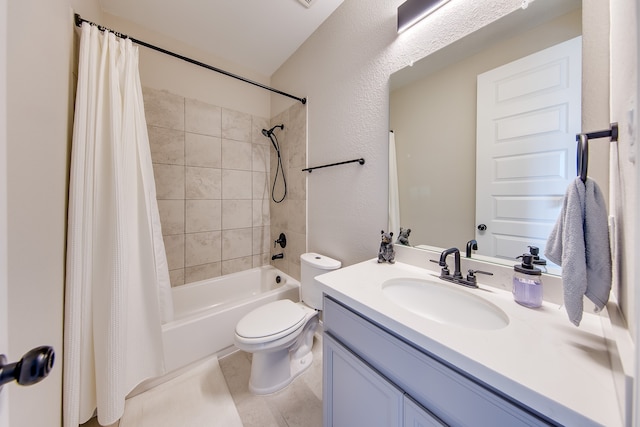 full bathroom with tile patterned flooring, vanity, shower / tub combo with curtain, and toilet