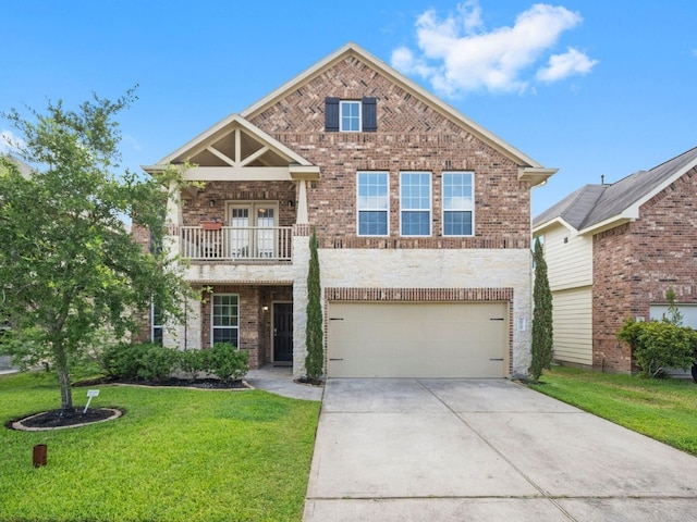 view of front of house with a balcony, a front yard, and a garage