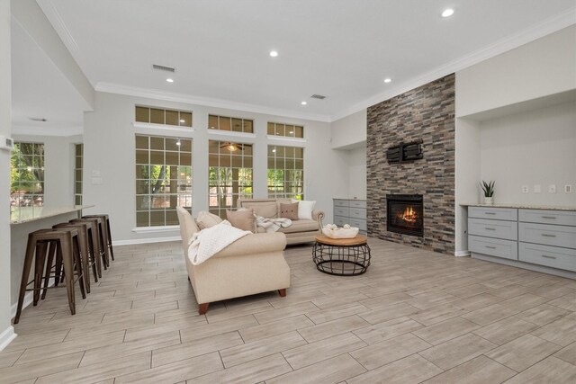 living room featuring a fireplace and ornamental molding