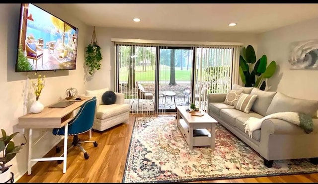 living area with light hardwood / wood-style flooring