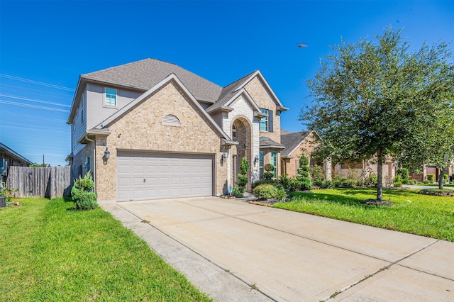 view of property with a garage and a front lawn