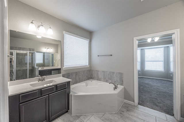 bathroom featuring vanity and separate shower and tub