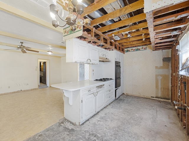 kitchen with ceiling fan, kitchen peninsula, stainless steel gas cooktop, white cabinetry, and double oven