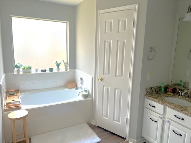 bathroom with a bathing tub, vanity, and hardwood / wood-style flooring