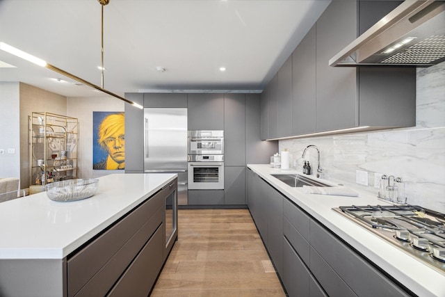 kitchen featuring wall chimney range hood, sink, gray cabinets, light hardwood / wood-style floors, and stainless steel appliances