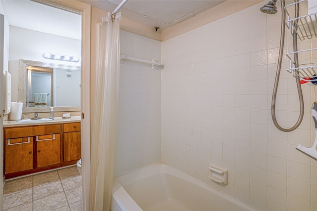 full bathroom featuring vanity, shower / tub combo, and toilet