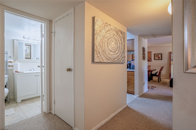 hall featuring light carpet and a textured ceiling