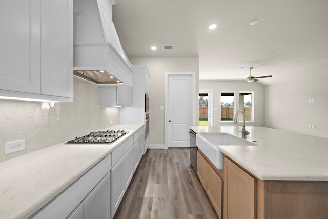 kitchen featuring custom range hood, light hardwood / wood-style floors, white cabinets, and appliances with stainless steel finishes