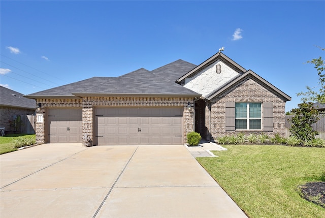 view of front of property with a front lawn and a garage