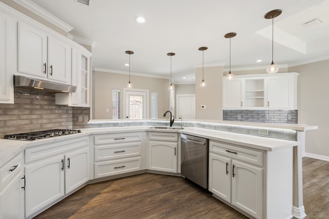 kitchen with appliances with stainless steel finishes, sink, pendant lighting, and dark hardwood / wood-style flooring