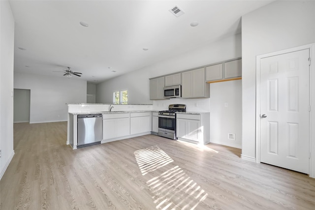 kitchen with gray cabinetry, a sink, light wood-style floors, appliances with stainless steel finishes, and open floor plan