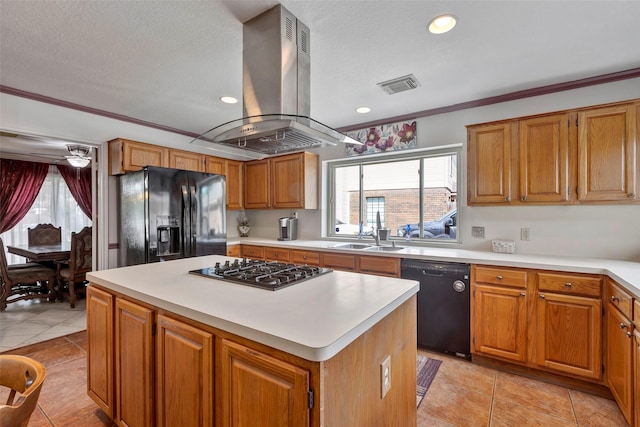 kitchen with sink, island range hood, a kitchen island, black appliances, and ornamental molding