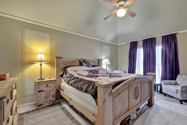 bedroom featuring light carpet, vaulted ceiling, and ceiling fan