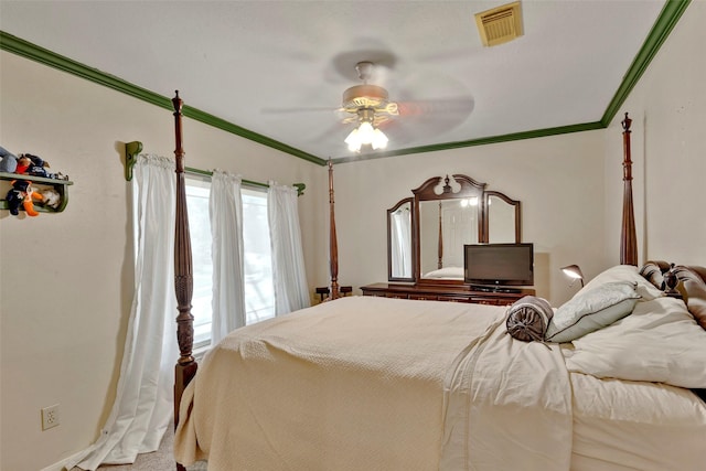 bedroom featuring carpet flooring, ceiling fan, and ornamental molding