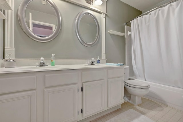 full bathroom with tile patterned flooring, vanity, toilet, and shower / bathtub combination with curtain