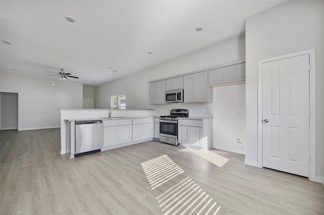 kitchen with ceiling fan, sink, stainless steel appliances, and light hardwood / wood-style floors