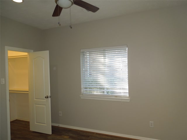 unfurnished bedroom featuring ceiling fan, a closet, dark wood-type flooring, and a walk in closet