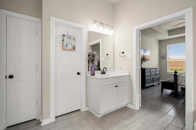 bathroom with vanity and hardwood / wood-style floors