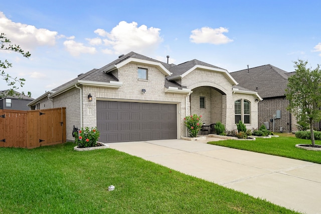 ranch-style house featuring a garage and a front yard