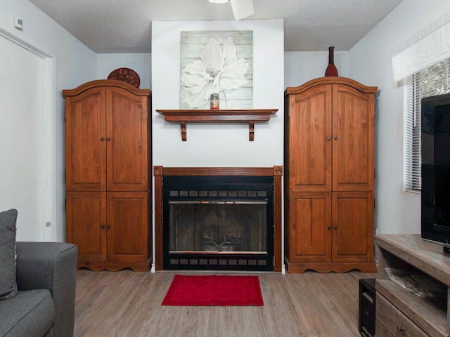 living room with a textured ceiling and light wood-type flooring