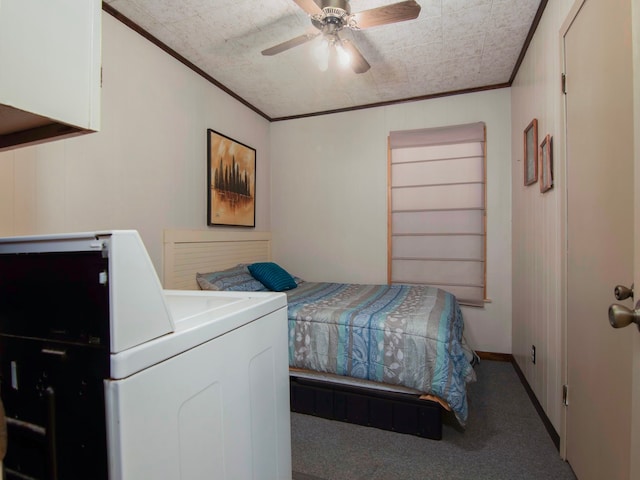 bedroom with washer / dryer, ceiling fan, carpet floors, and crown molding