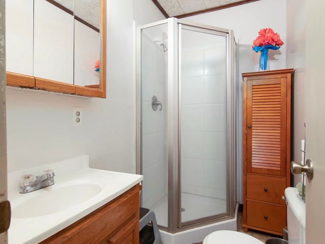 bathroom featuring vanity, toilet, and a shower with door