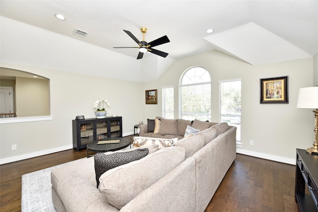 living room with ceiling fan, lofted ceiling, and dark hardwood / wood-style flooring