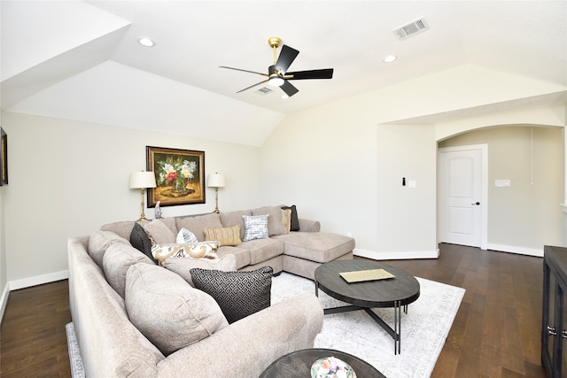 living room with vaulted ceiling, dark hardwood / wood-style floors, and ceiling fan