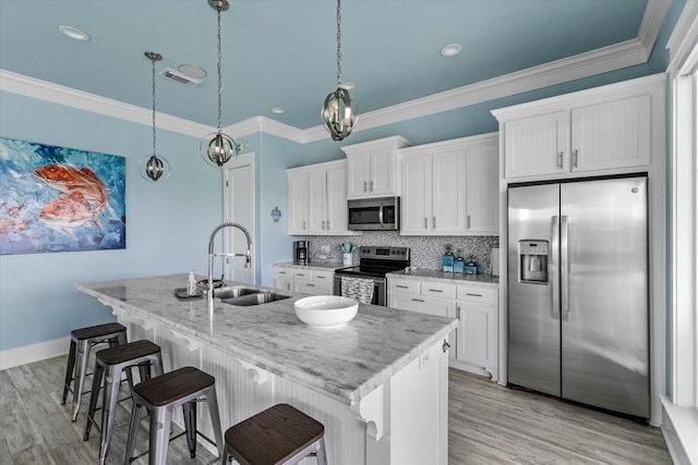 kitchen featuring an island with sink, white cabinetry, sink, and stainless steel appliances