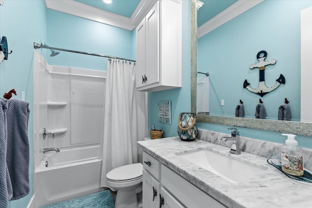 full bathroom featuring ornamental molding, vanity, toilet, and shower / bath combo with shower curtain