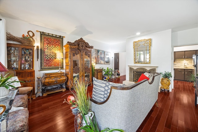 living room with dark hardwood / wood-style flooring