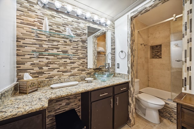 bathroom with backsplash, toilet, walk in shower, vanity, and crown molding