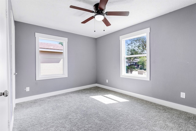 spare room featuring ceiling fan and carpet flooring