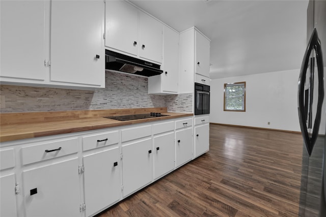 kitchen with black appliances, decorative backsplash, dark wood-type flooring, and white cabinets