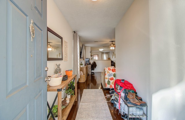 hall featuring a textured ceiling and dark wood-type flooring