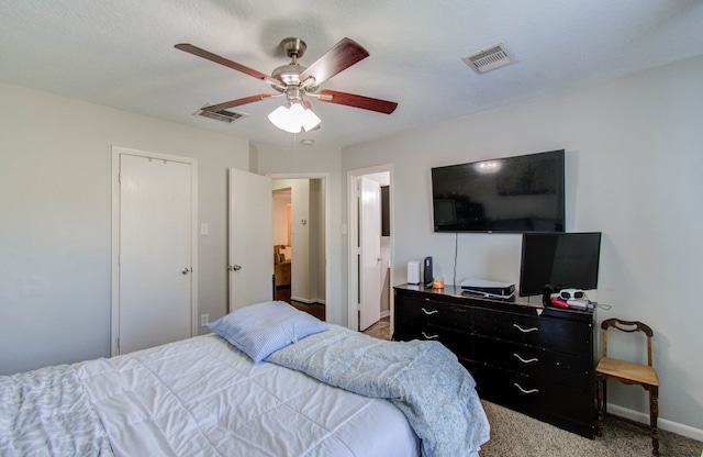 bedroom featuring carpet and ceiling fan