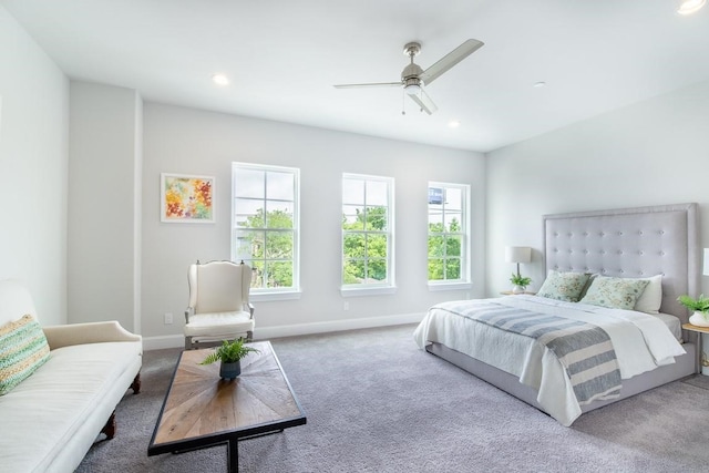 bedroom featuring ceiling fan and carpet flooring