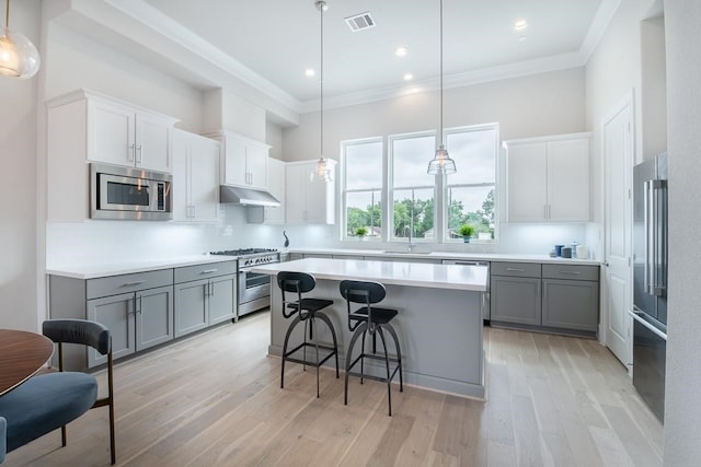 kitchen featuring gray cabinetry, high end appliances, and light wood-type flooring