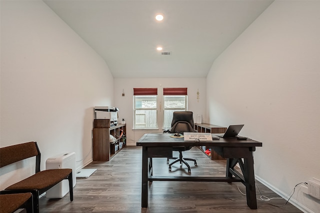 office area with wood-type flooring and lofted ceiling