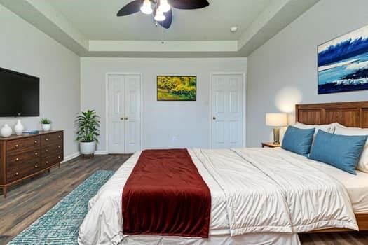 bedroom featuring a raised ceiling, dark hardwood / wood-style flooring, and ceiling fan